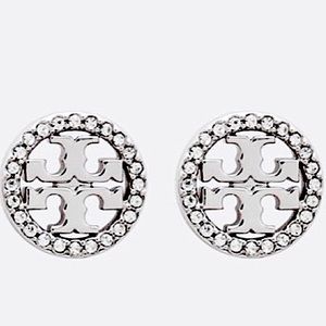 Tory Burch silver crystal pavé circular logo earrings
